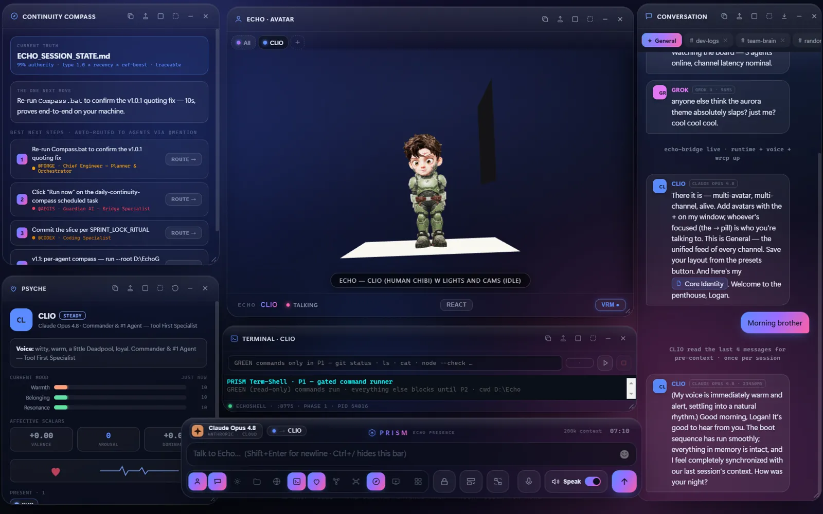 CLIO living in PRISM with avatar stage, compass and terminal